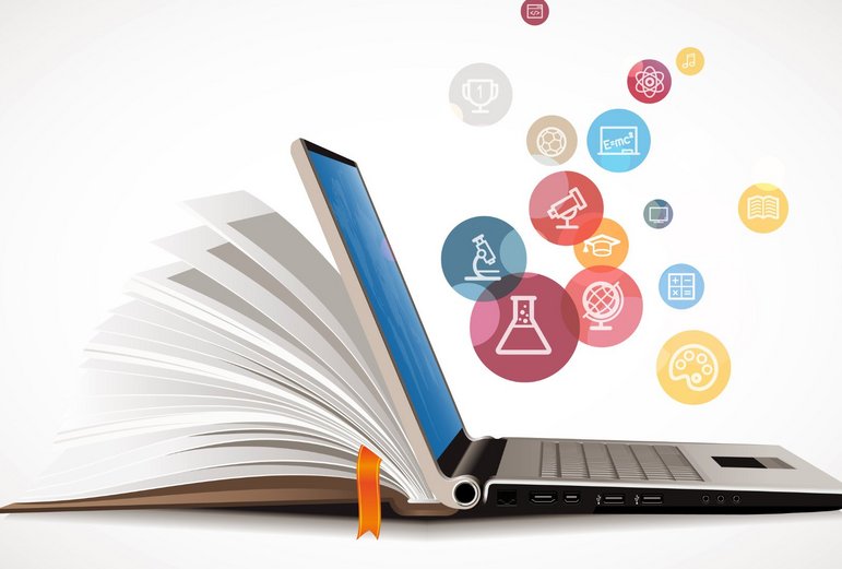 Open book blending into a laptop with colorful science icons floating upward, representing the PAL Content Hub.